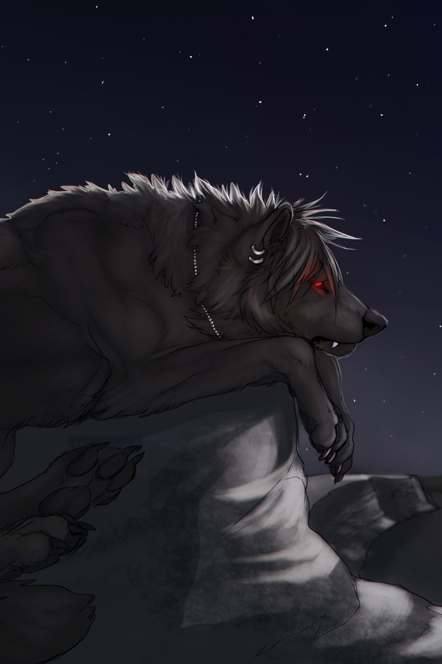 Большой черный волк на камне под луной