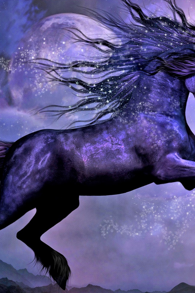 Фантастический черный конь единорог на фоне луны