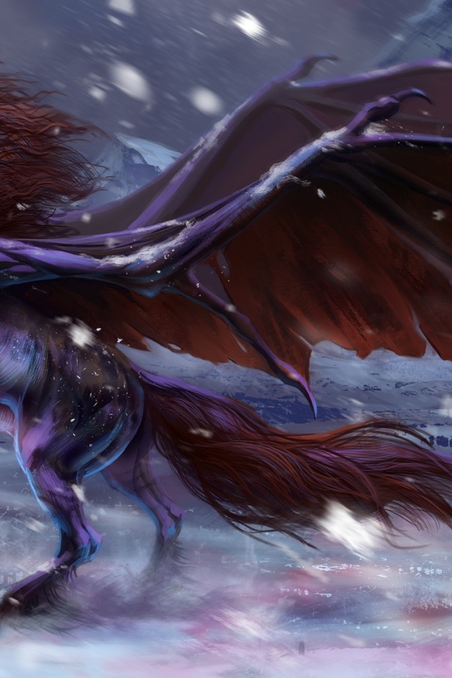 Фантастический черный конь с крыльями 