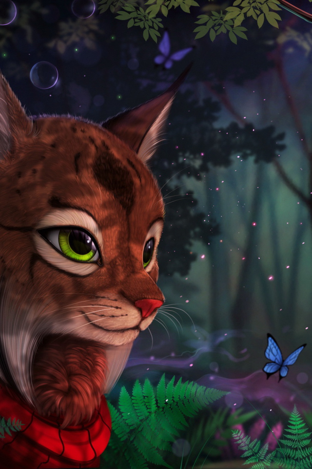 Фантастическая волшебная рысь в лесу с бабочками