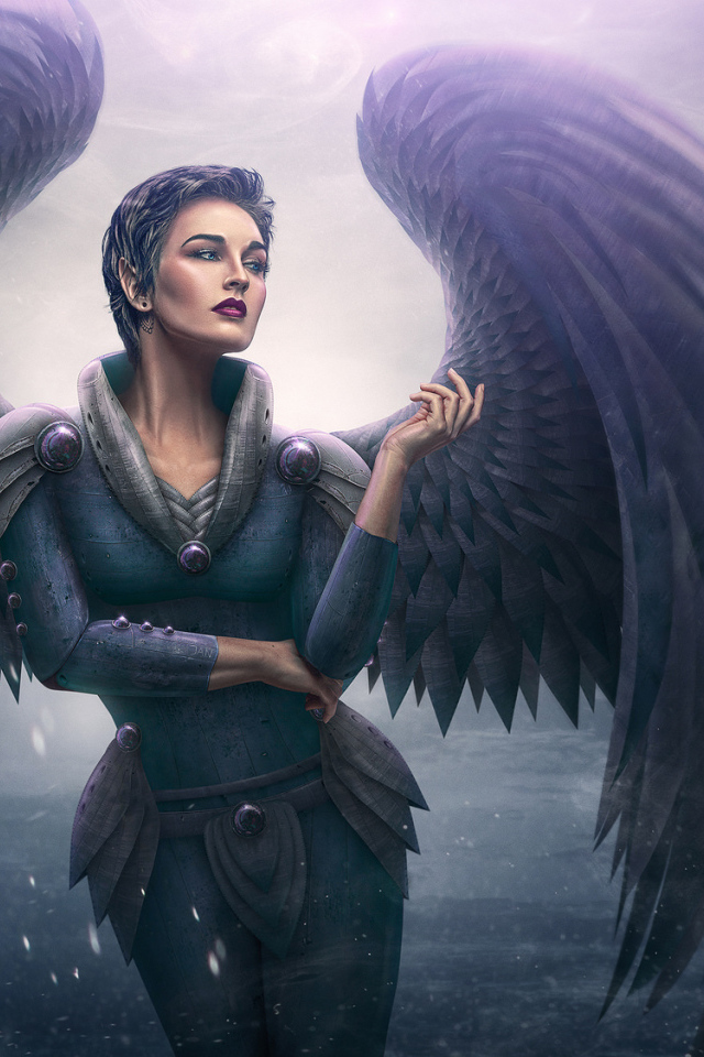 Фэтнези девушка ангел с большими черными крыльями