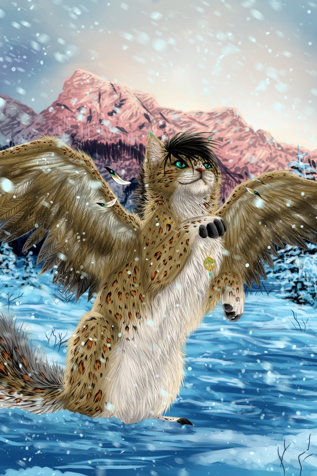 Волшебный кот с крыльями в зимнем лесу, фэнтези