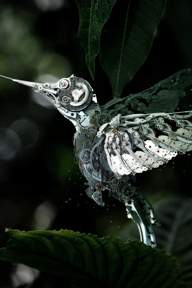 Механическая птица колибри собирает нектар с цветка,  стимпанк