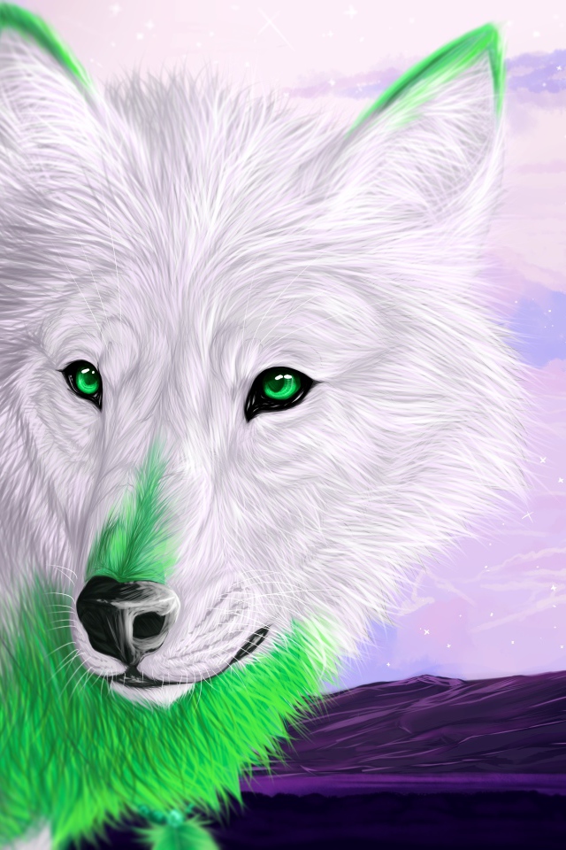 Белый волк с зелеными глазами