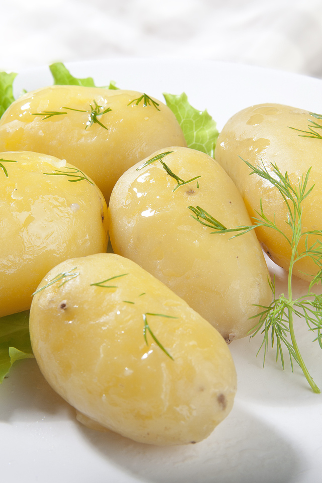 Вареный картофель с листом салата и зеленью на белой тарелке