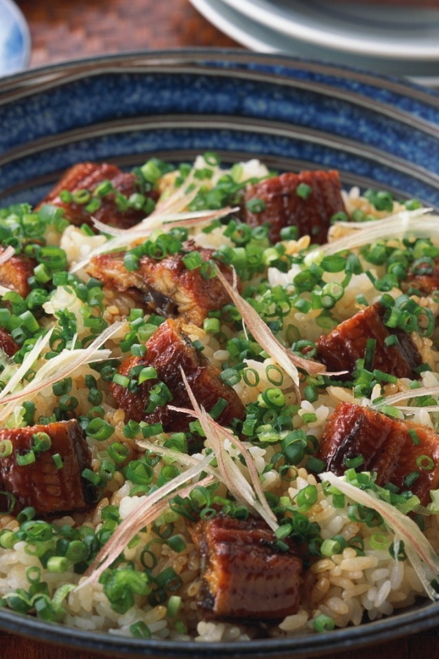 Рисовый плов с кусочками мяса и зеленым луком на столе