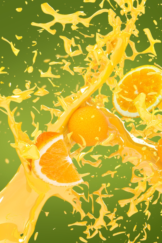 Кусочки апельсина в брызгах сока на зеленом фоне