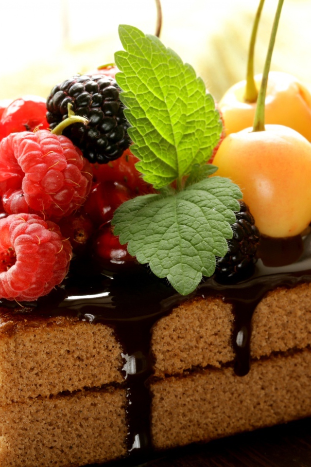 Кусок пирожного с шоколадом и свежими ягодами