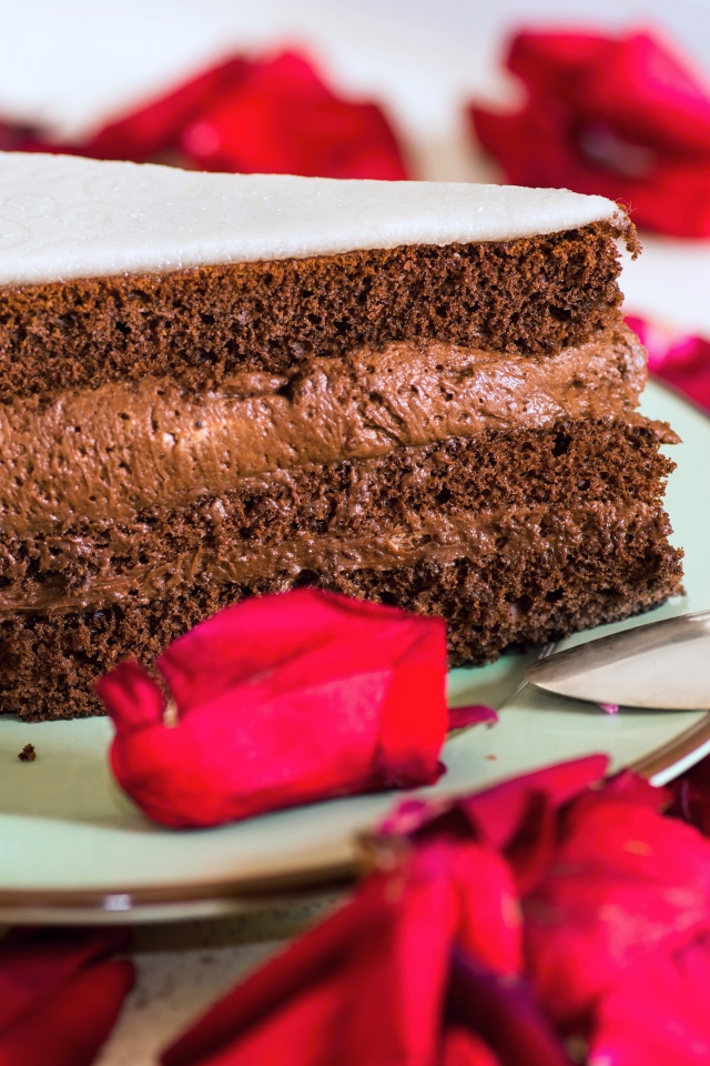 Кусок торта с шоколадным кремом и красными лепестками розы