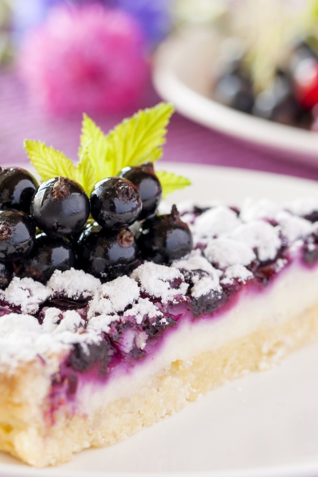 Кусок пирога с черной смородиной и сахарной пудрой