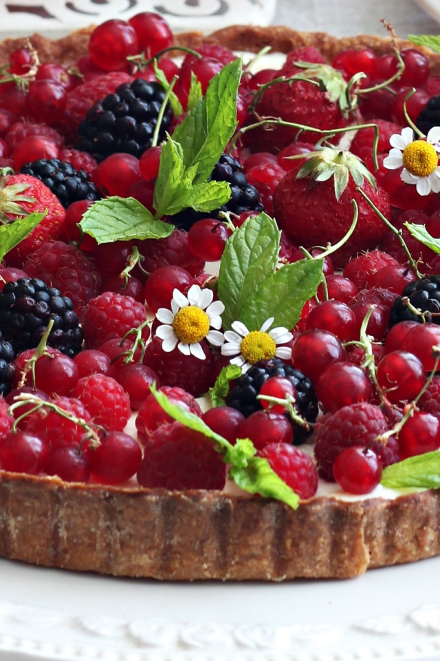 Аппетитный пирог со свежими ягодами малины, смородины, ежевики и клубники 