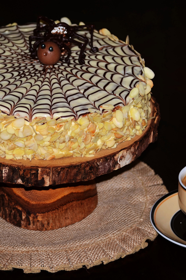 Торт с нарисованной паутиной и чашка кофе 