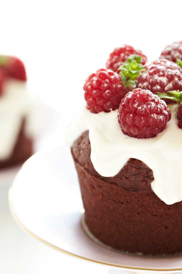 Шоколадный кекс с белой глазурью и ягодами малины