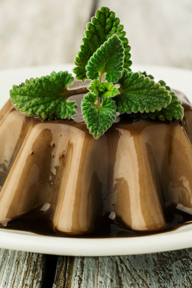 Десерт из желе на белой тарелке с шоколадом