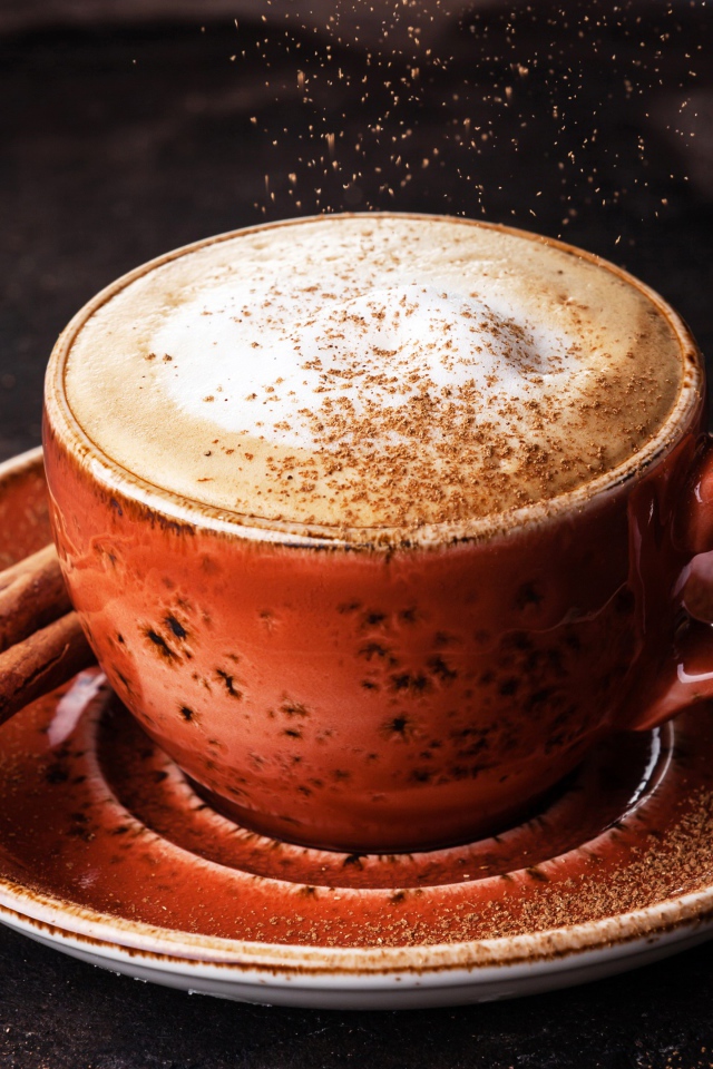 Чашка капучино с корицей на блюдце