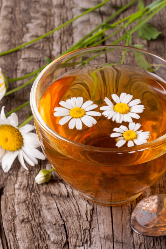 Стеклянная чашка чая с ромашкой