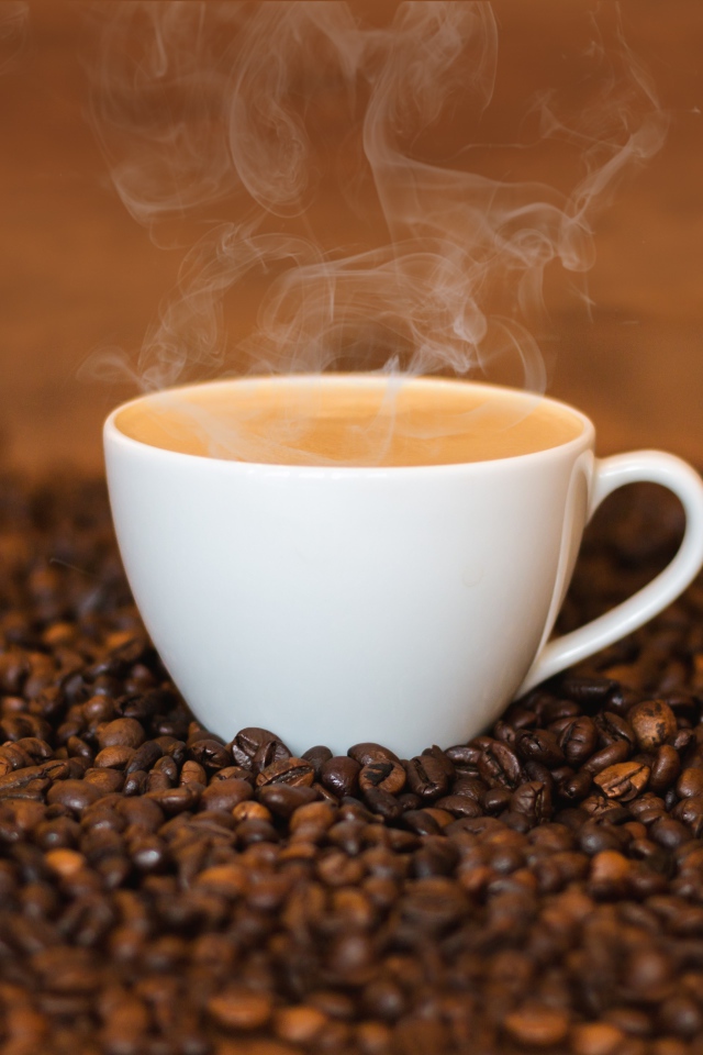 Белая чашка с кофе на кофейных зернах