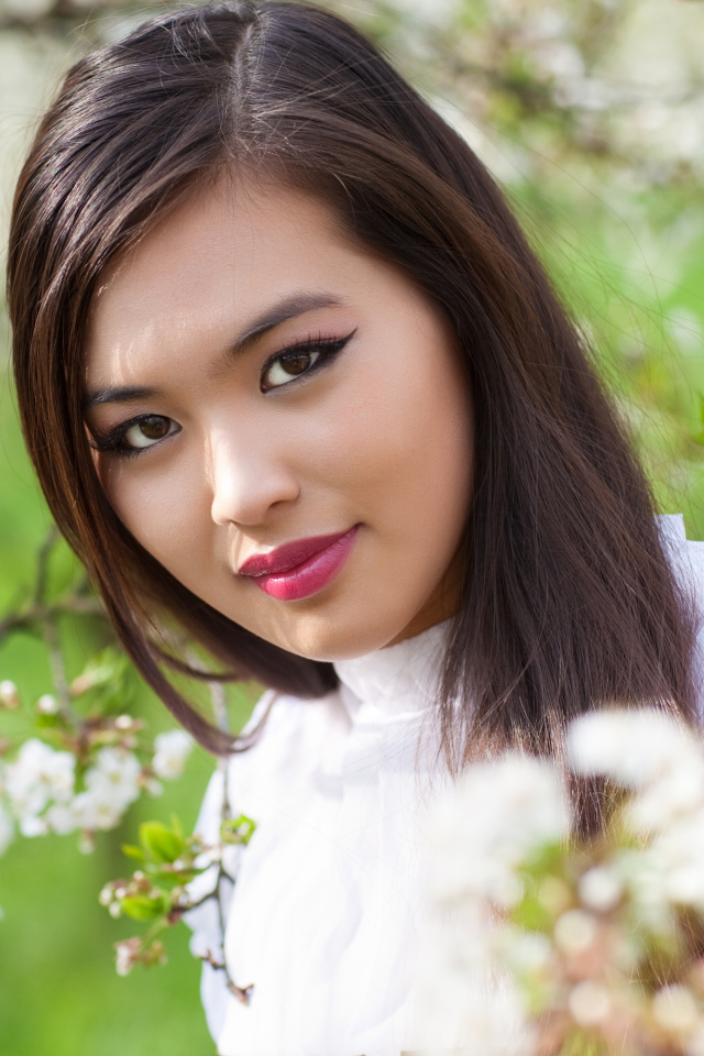 Красивая девушка азиатка в ветках цветущего дерева