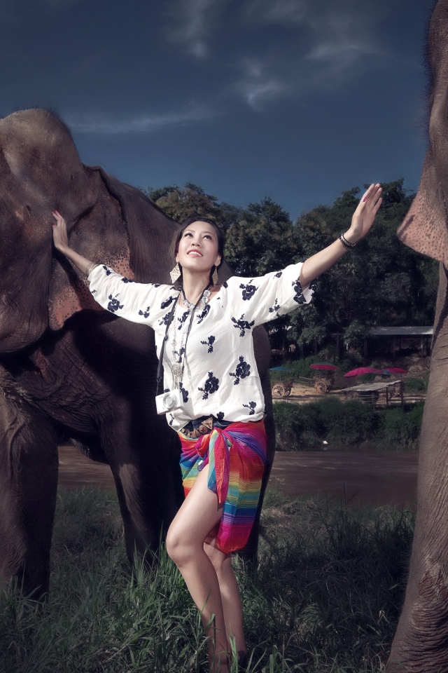 Красивая девушка азиатка с двумя большими слонами