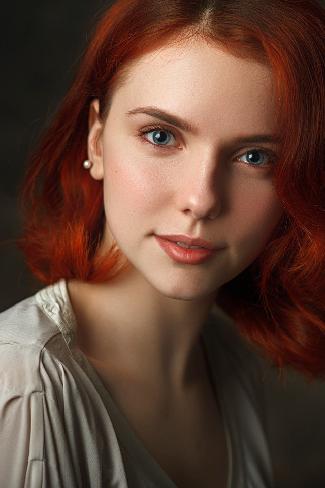 Красивая голубоглазая девушка с короткими рыжими волосами