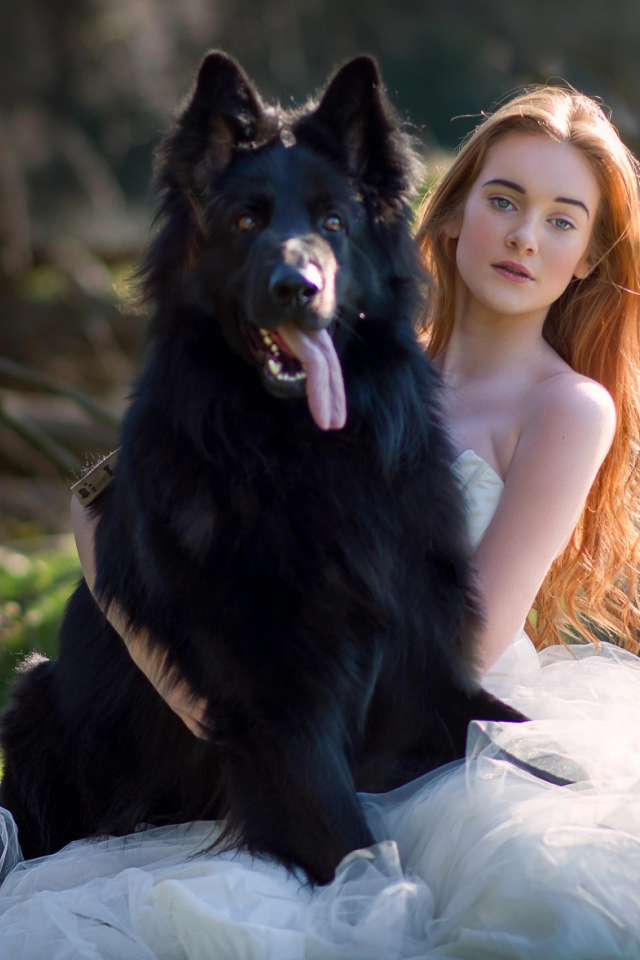 Красивая девушка невеста с большой черной собакой