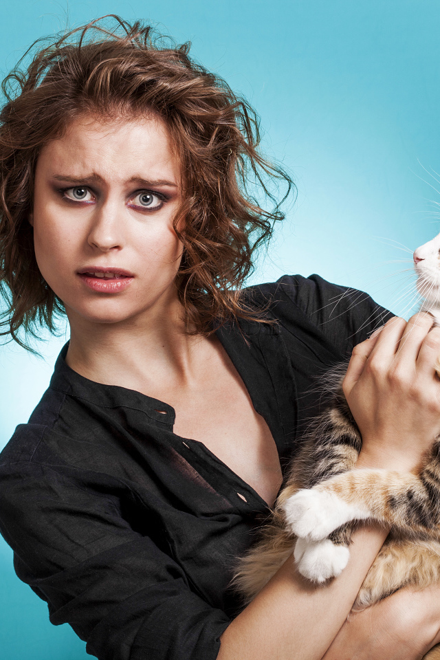 Молодая девушка шатенка с большим котом  на голубом фоне