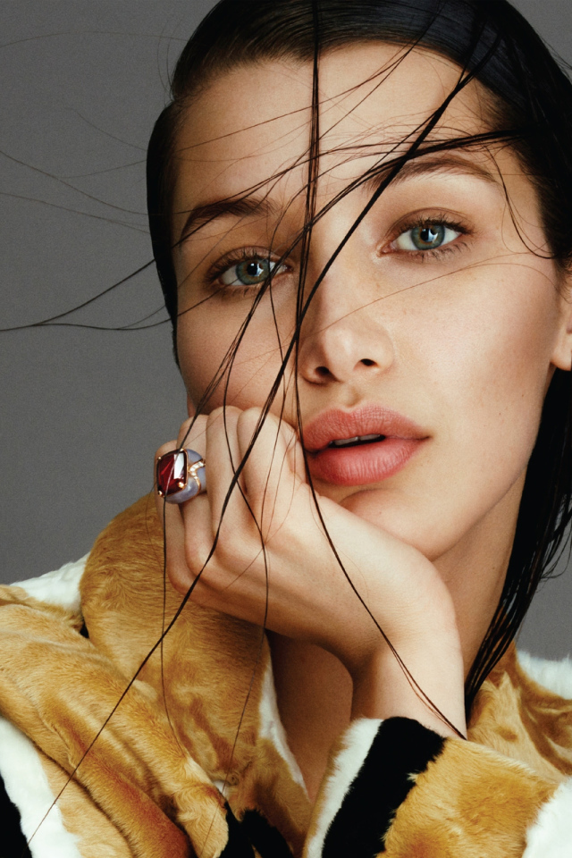 Девушка модель Белла Хадид фото на сером фоне