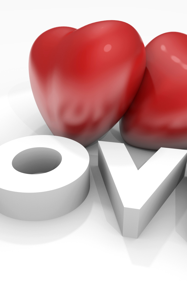 Два больших красных сердца с надписью Любовь на белом фоне, на 14 февраля