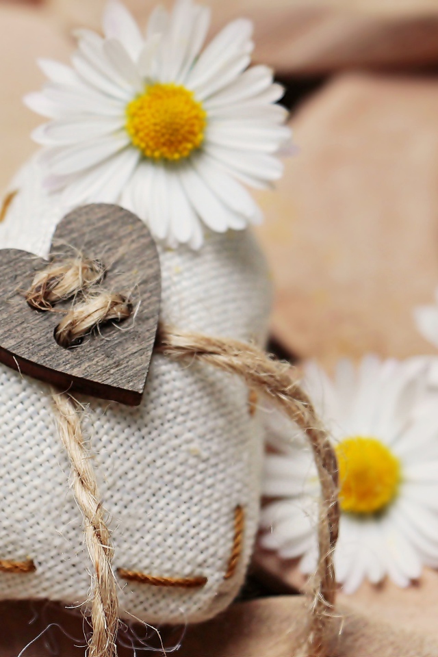 Сердце из ткани с белыми цветами ромашки