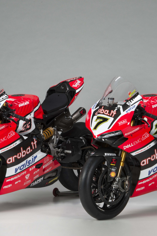Два мотоцикла Ducati  Panigale R Superbike, 2017 на сером фоне