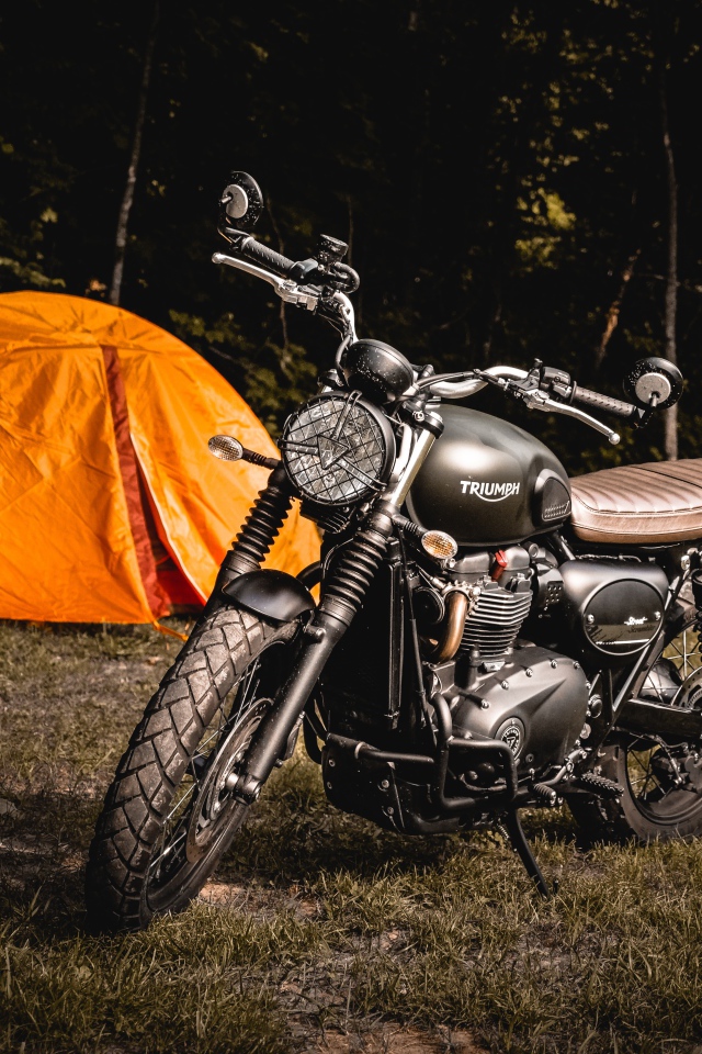 Черный мотоцикл Triumph на фоне оранжевой палатки