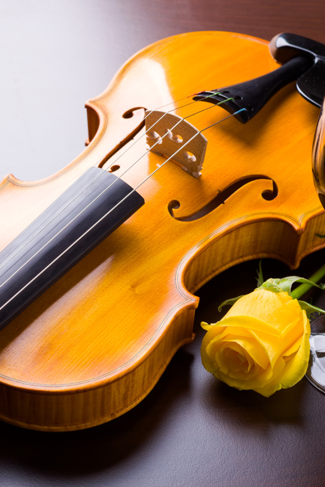 Скрипка с желтой розой и бокалом красного вина