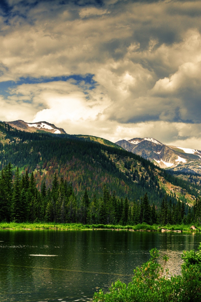 Чистое горное озеро на фоне покрытых лесом гор под облачным небом