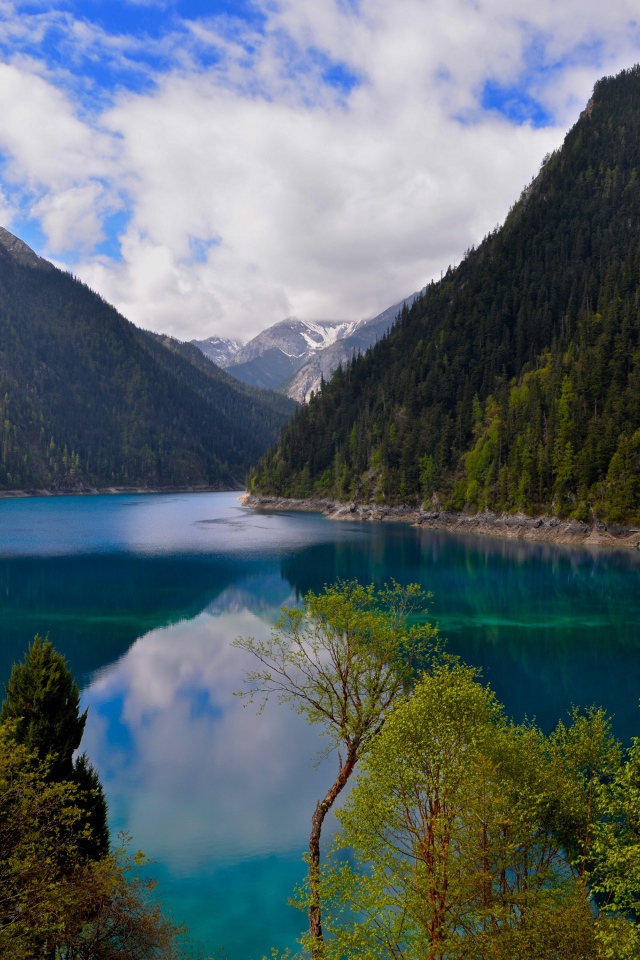 Красивое озеро у покрытых лесом гор в парке Цзючжайгоу, Китай