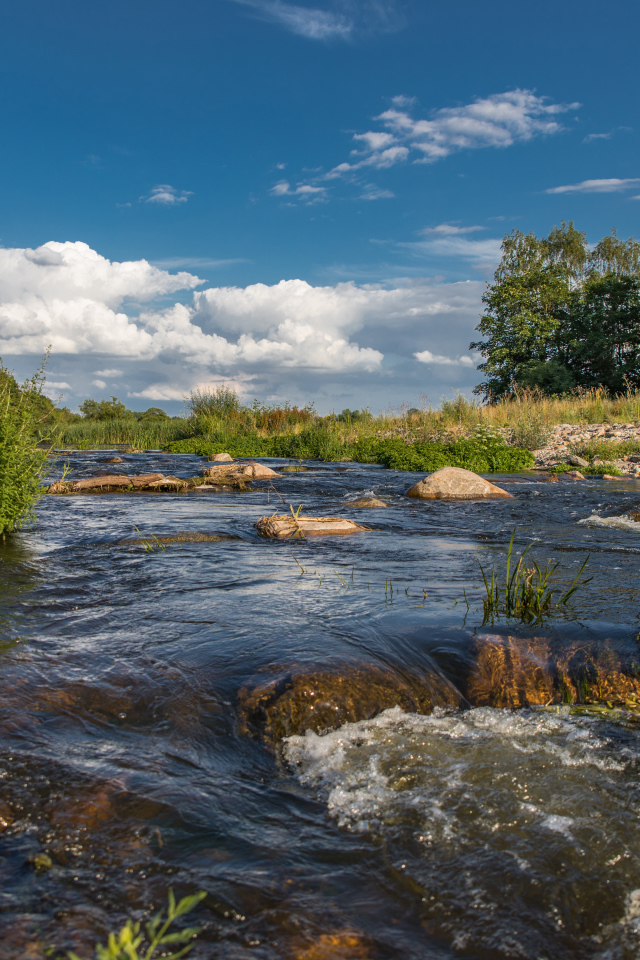 Быстрая речная вода стекает по камням под красивым голубым небом