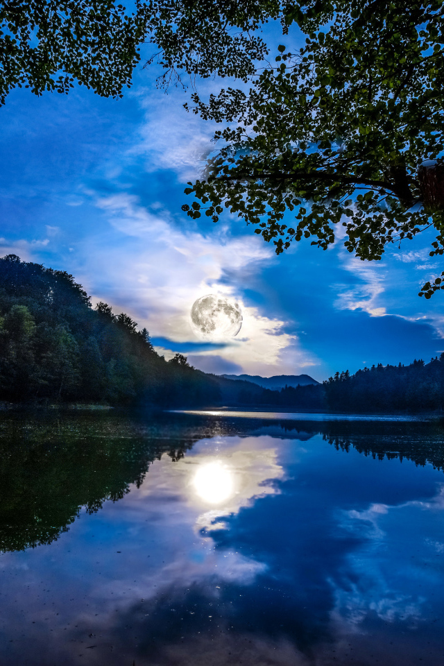 Большая луна отражается в водоеме 