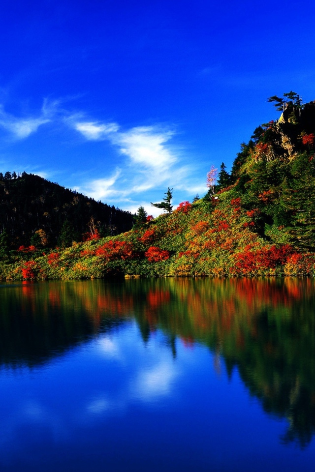 Голубое небо отражается в чистой воде озера 