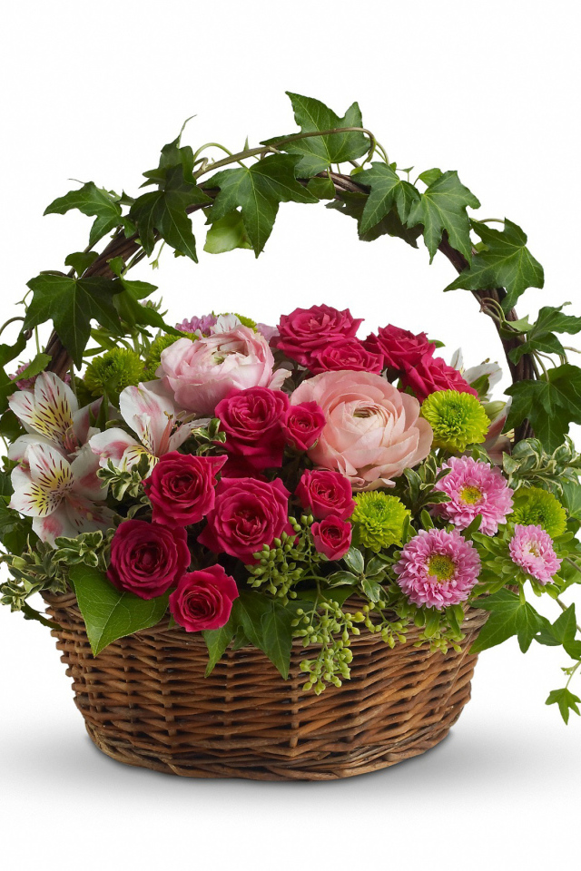 Корзина со свежими цветами на белом фоне