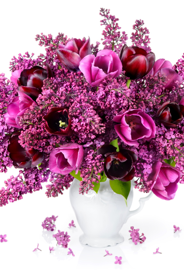 Букет сирени с тюльпанами в белой вазе на белом фоне