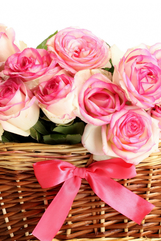 Букет розовых роз в корзине на белом фоне