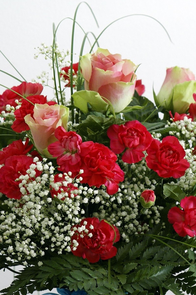 Букет роз с гвоздиками и зеленью на белом фоне