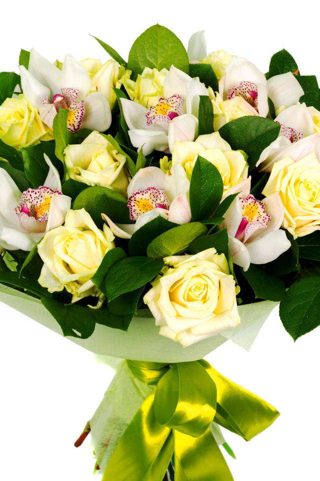 Букет белых роз и белых орхидей на белом фоне