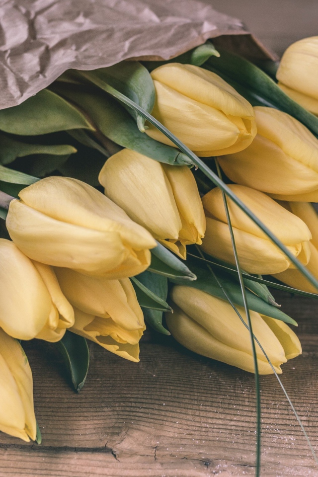 Большой букет желтых тюльпанов в бумаге 
