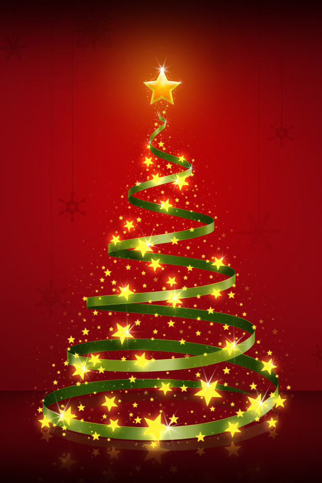 Новогодняя елка из зеленой ленты с яркой звездой на красном фоне