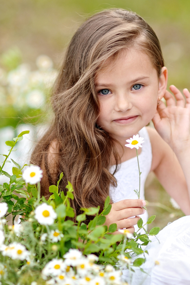 Красивая голубоглазая девочка с белой ромашкой в руке