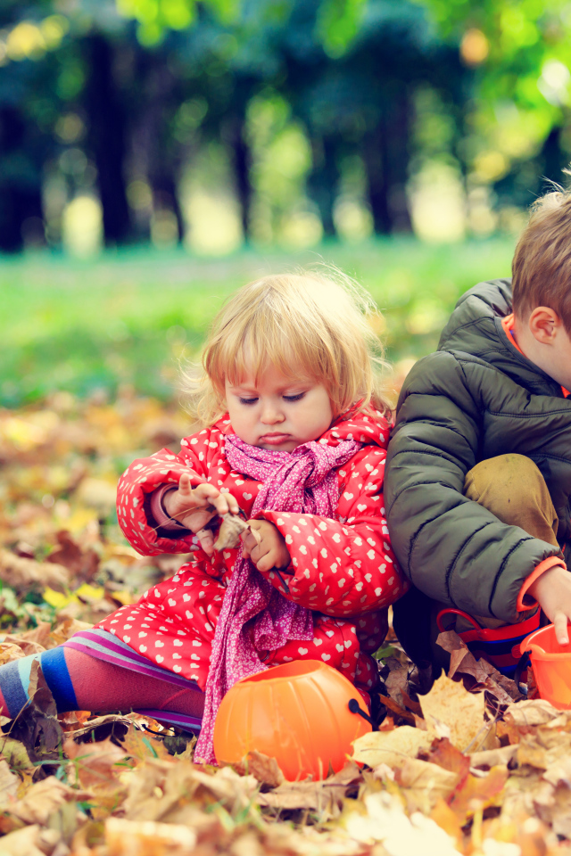 Маленькие мальчик и девочка сидят на желтой листве в парке осенью