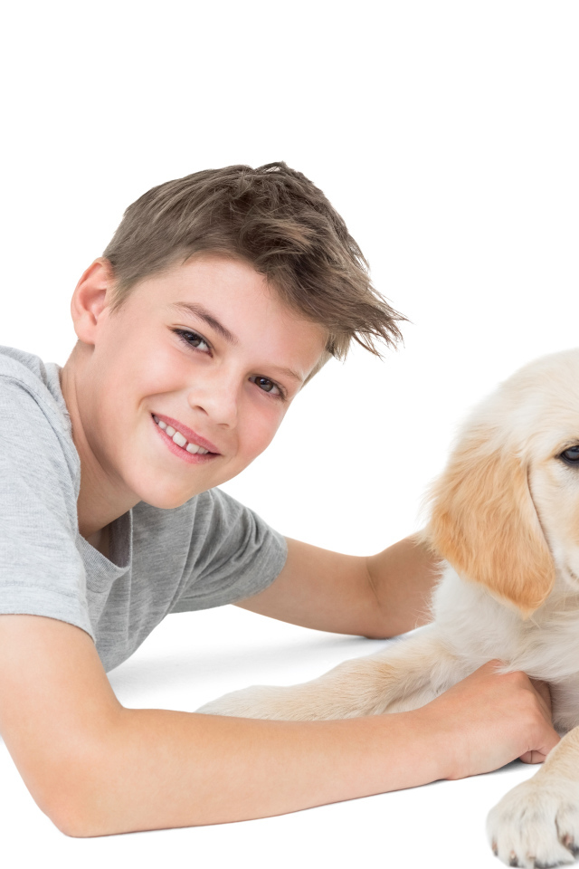Маленький мальчик с щенком ретривера на белом фоне