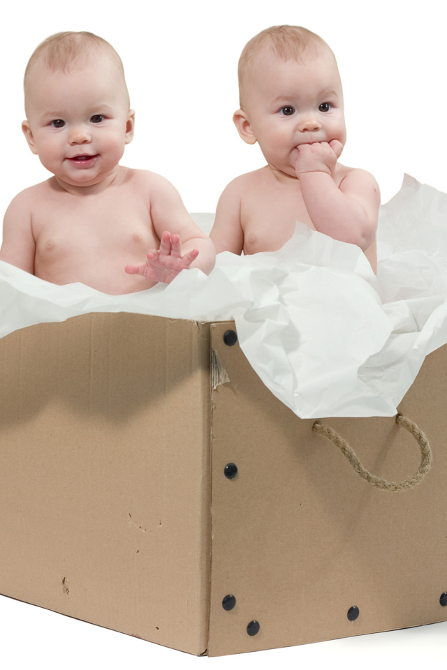 Маленькие дети сидят в картонной коробке с бумагой