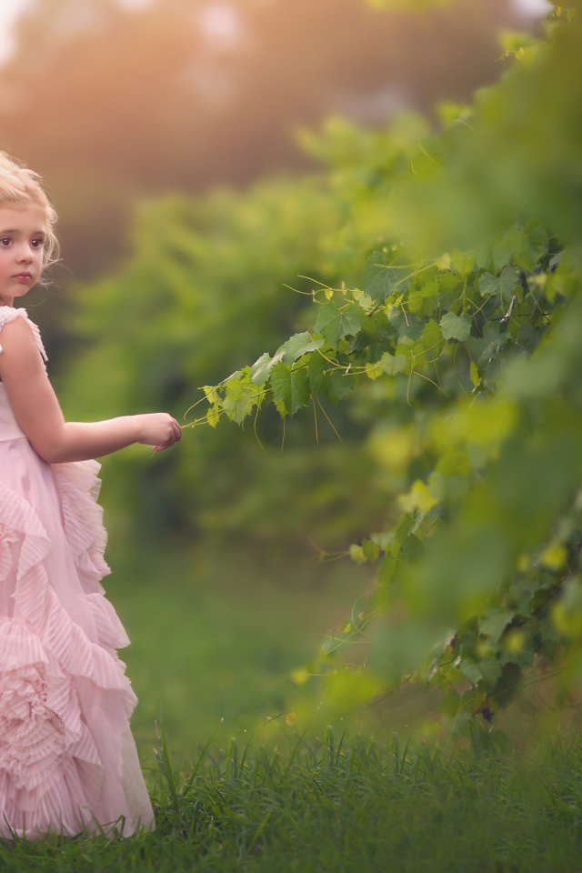 Маленькая девочка в красивом розовом платье стоит на зеленой траве