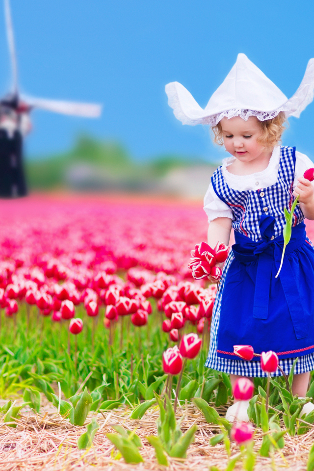 Маленькая девочка в голубом платье на поле тюльпанов 